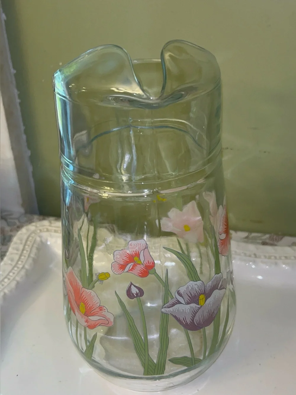 Pasabahce Circleware Poppy Floral glass pitcher-Vintage